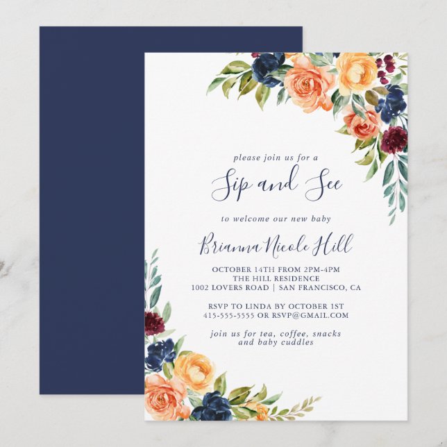 Multicolor Elegant Floral Sip and See Invitation (Front/Back)