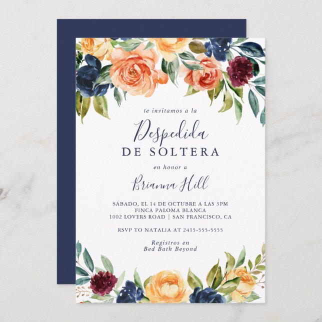 Multicolor Elegant Floral Spanish Bridal Shower  Invitation (Front/Back)