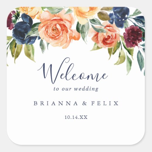 Multicolor Elegant Floral Wedding Welcome  Square Sticker