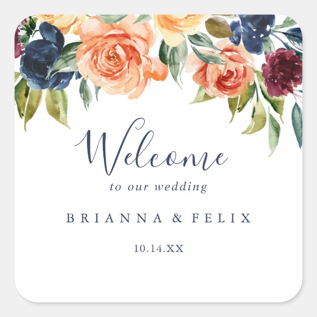 Multicolor Elegant Floral Wedding Welcome  Square Sticker (Front)