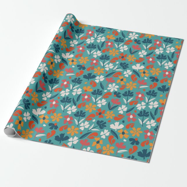 Multicolor floral blooms- blue wrapping paper (Unrolled)