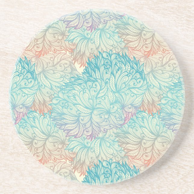 Multicolor Floral Doodle Pattern Drink Coaster (Front)