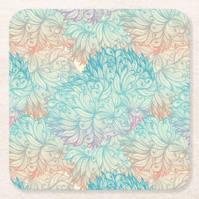 Multicolor Floral Doodle Pattern Square Paper Coaster (Front)