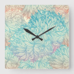 Multicolor Floral Doodle Pattern Square Wall Clock