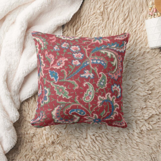 Multicolor Floral on Dark Red Throw Pillow (Blanket)