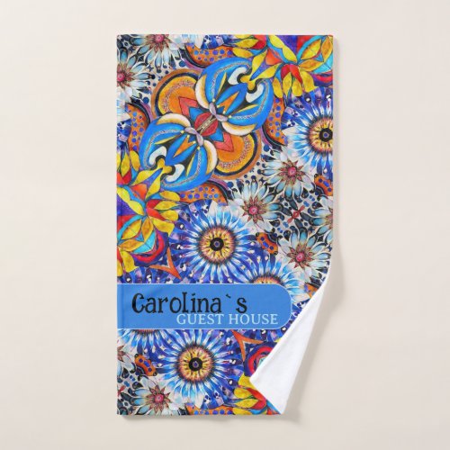Multicolor floral vacation vibe custom name hand towel 