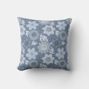 Multicolor flower pattern blue background throw pillow