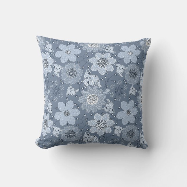 Multicolor flower pattern blue background throw pillow (Front)