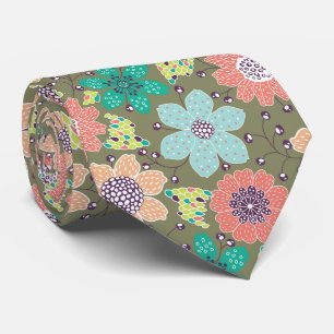 Multicolor flower pattern soft green backdrop neck tie