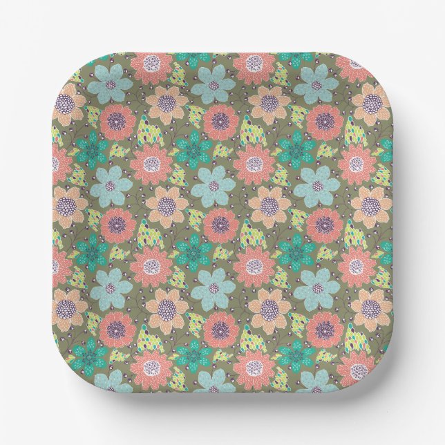 Multicolor flower pattern soft green backdrop paper plates (Front)