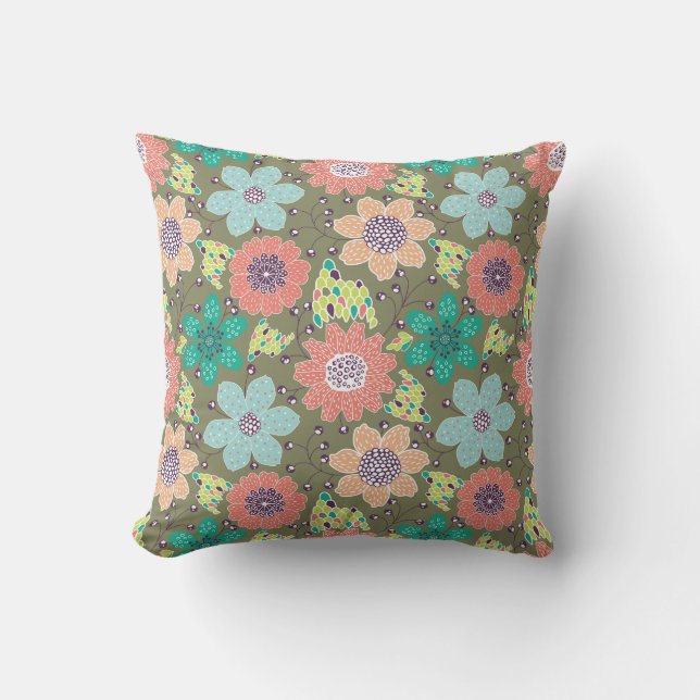 Multicolor flower pattern soft green backdrop throw pillow (Front)