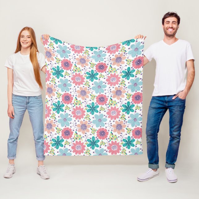 Multicolor flower pattern white background fleece blanket (In Situ)
