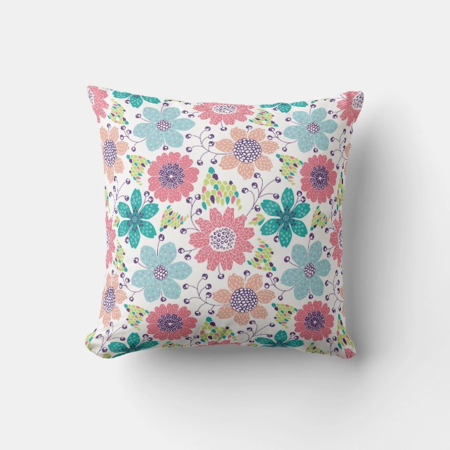 Multicolor flower pattern white background throw pillow (Front)