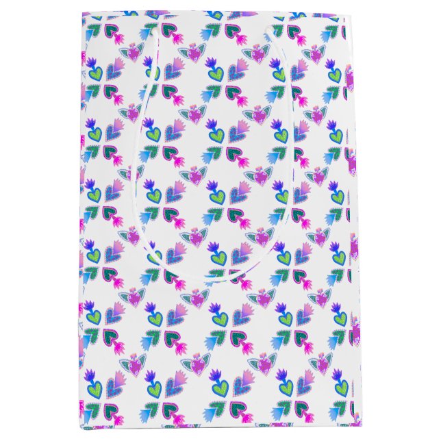 Multicolor Folk Art Sacred Hearts White  Medium Gift Bag (Front)