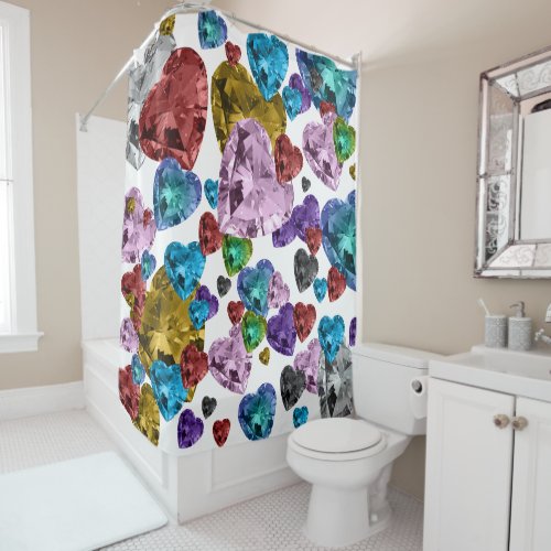 Multicolor Gems Crystal Heart Shaped Girly  Shower Curtain