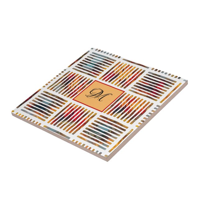 Multicolor Geometric Abstract Stripe Monogram Ceramic Tile (Side)