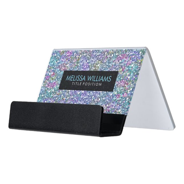 Multicolor Glitter And Sparkles Texture Desk Business Card Holder (Angled Front)