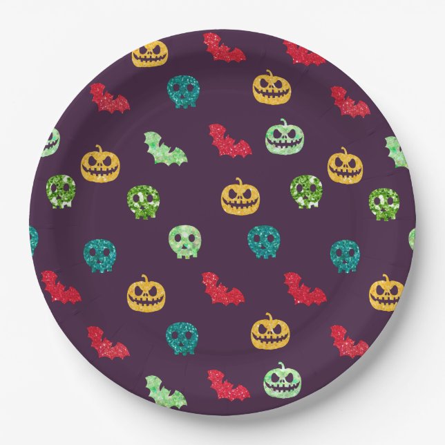 Multicolor Glitter Halloween Pattern Paper Plates (Front)