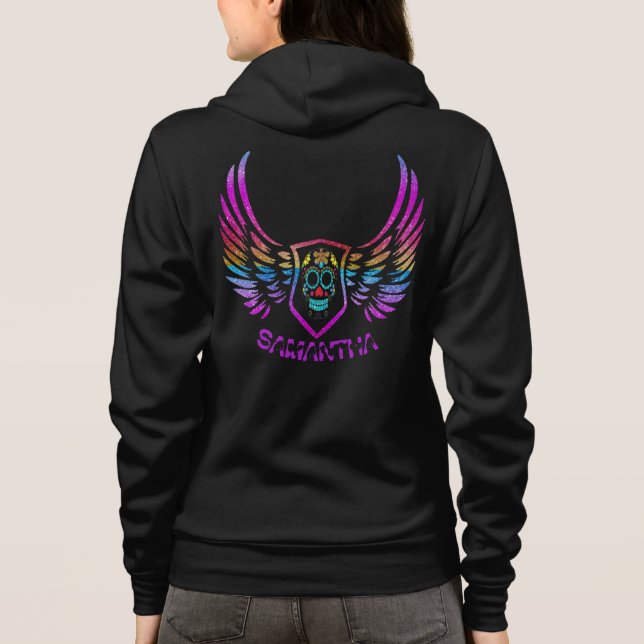 Multicolor Glitter Skull Angel Wings Monogrammed Hoodie (Back)