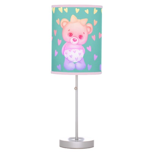 Multicolor Heart Print Teddy Bear Table Lamp