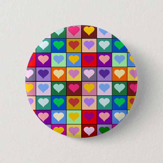 Multicolor Heart Squares Pinback Button (Front)