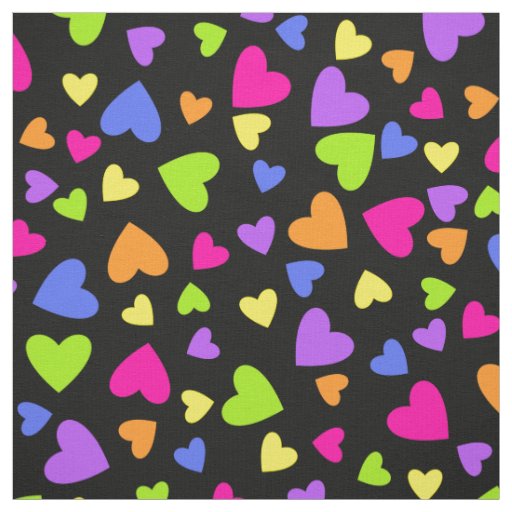Multicolor Hearts on Black Fabric