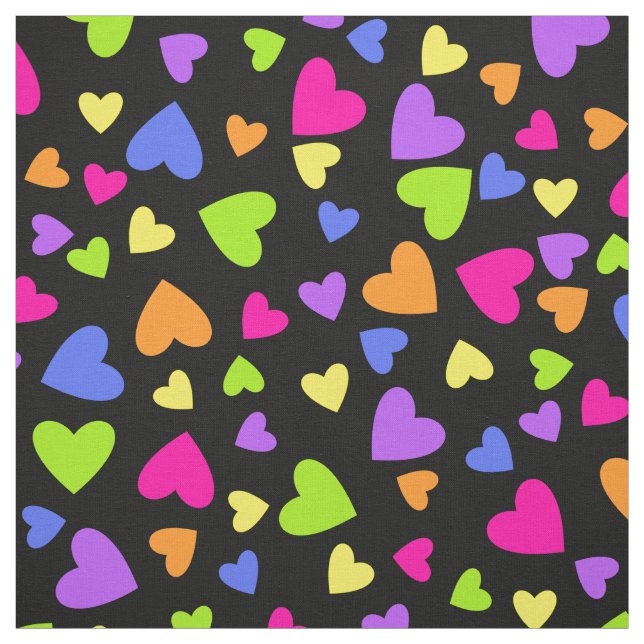 Multicolor Hearts on Black Fabric (Swatch)