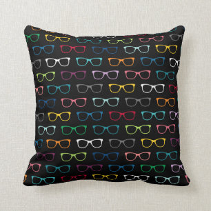 Multicolor HIpster Glasses Pattern Black Throw Pillow
