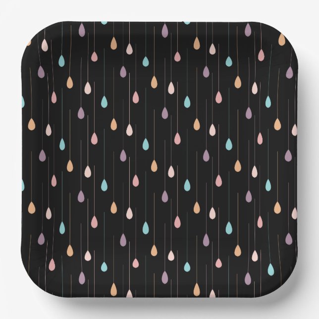 Multicolor hipster rain drop black background paper plates (Front)