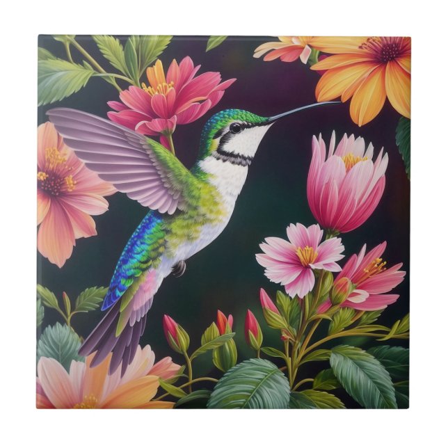 Multicolor Hummingbird Floral Art Ceramic Tile (Front)