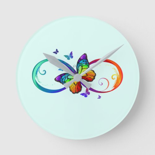 Multicolor Infinity Rainbow Symbol and Butterflies Round Clock