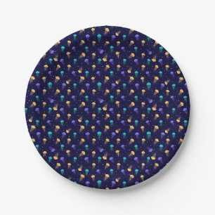Multicolor jelly fish pattern on blue background paper plates