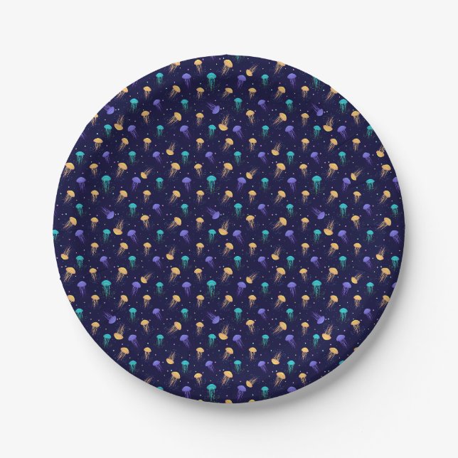 Multicolor jelly fish pattern on blue background paper plates (Front)