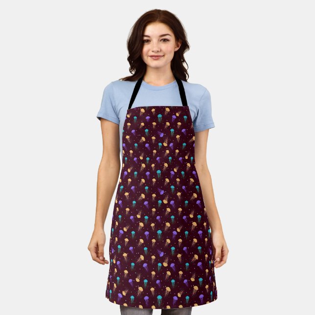 Multicolor jelly fish pattern on maroon background apron (Worn)