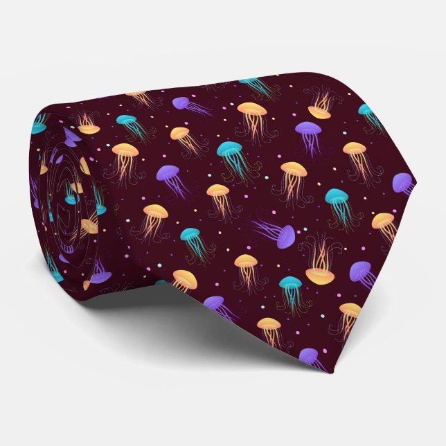 Multicolor jelly fish pattern on maroon background neck tie (Rolled)