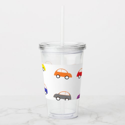Multicolor mini cars on white acrylic tumbler