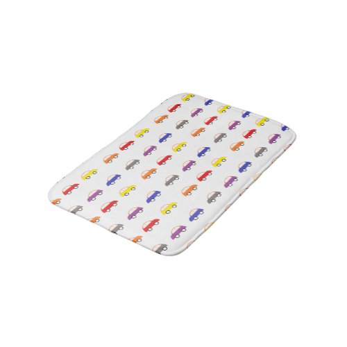 Multicolor mini cars on white bath mat