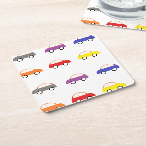 Multicolor mini cars on white square paper coaster