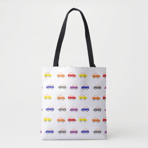 Multicolor mini cars on white tote bag