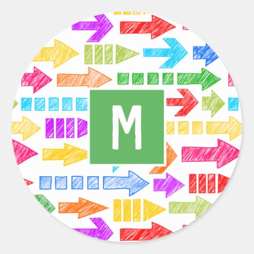 Multicolor Modern Geometric Arrow Pattern Monogram Classic Round Sticker