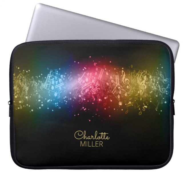 Multicolor Music Notes and Custom Name Laptop Sleeve (Front)