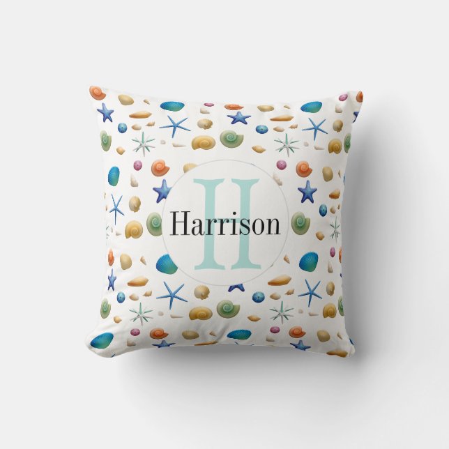 Multicolor Nautical Sea Shell | Monogram Throw Pillow (Front)