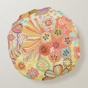 Multicolor Orange Floral Print Round Throw Pillow