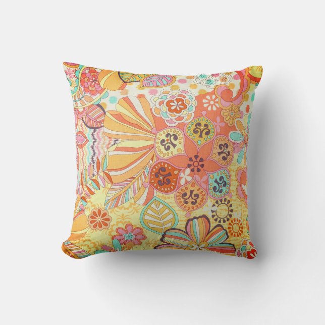 Multicolor Orange Floral Print Throw Pillow (Front)