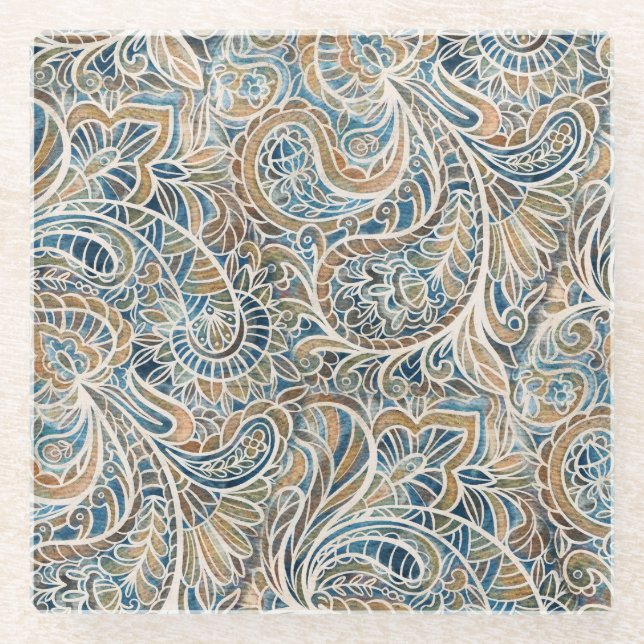 Multicolor Paisley Hand-Drawn Print Glass Coaster (Front)