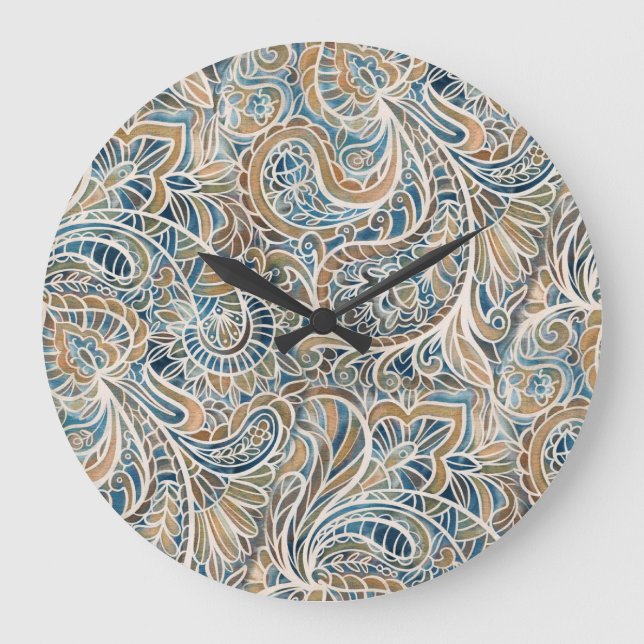 Multicolor Paisley Hand-Drawn Print Large Clock (Front)