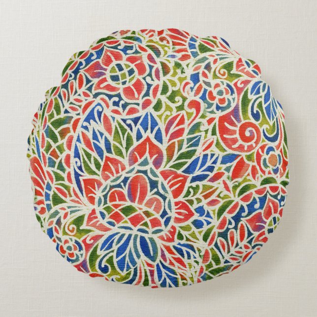 Multicolor Paisley Print Batik Pattern Round Pillow (Front)