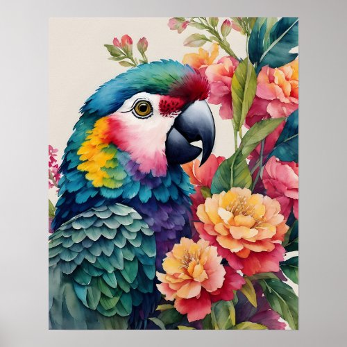 Multicolor Parrot Floral Watercolor Art Poster