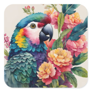 Multicolor Parrot Floral Watercolor Art Square Sticker