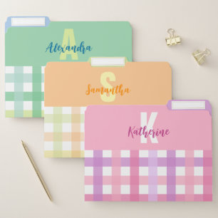 Multicolor Pastel Gingham Pattern Monogram File Folder
